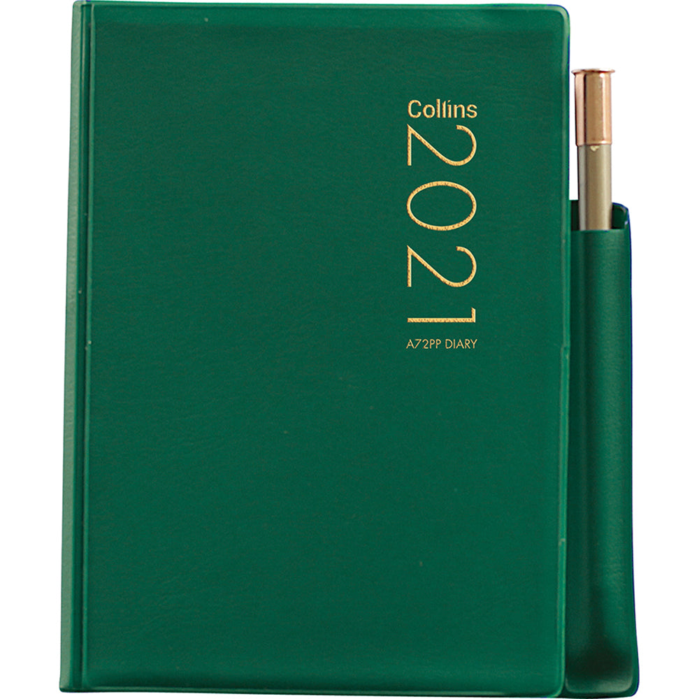 Collins Diary A72pp in green, 2 days per page, with integrated pencil for efficient planning and organization.