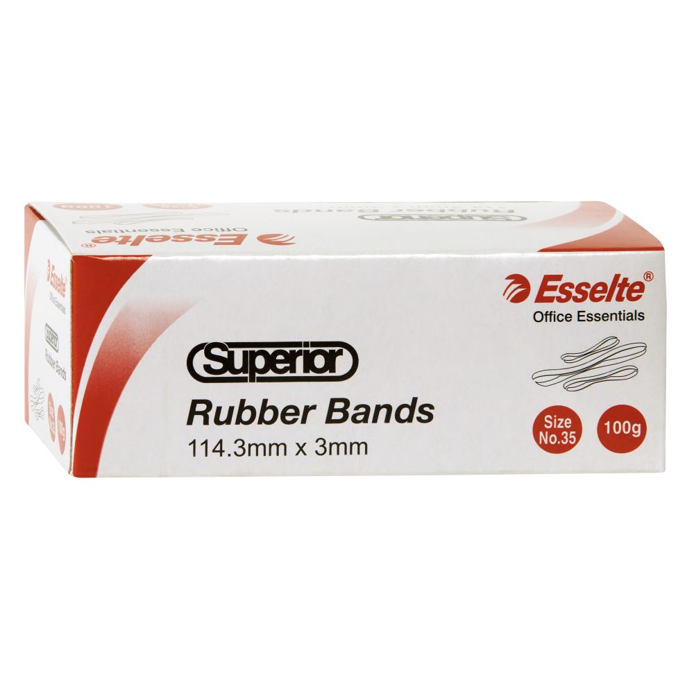 Esselte Superior Rubber Band Size 35 in a 100gm box, perfect for organizing and bundling documents reliably.