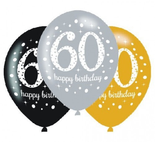 Colorful pack of 6 latex balloons for 60th birthday celebration, featuring vibrant designs and 30cm size for festive decoration.