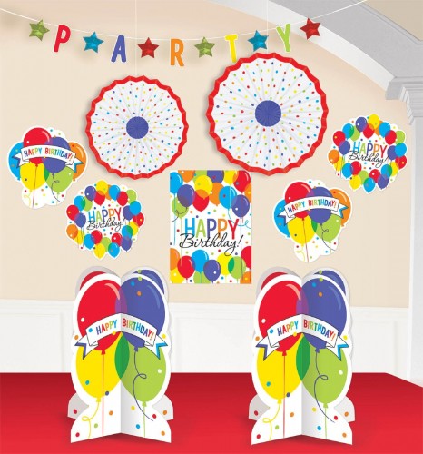 Vibrant Balloon Bash Room Decorations Kit featuring garland, paper fans, cutouts, and unique 3-D printed pieces for festive events.