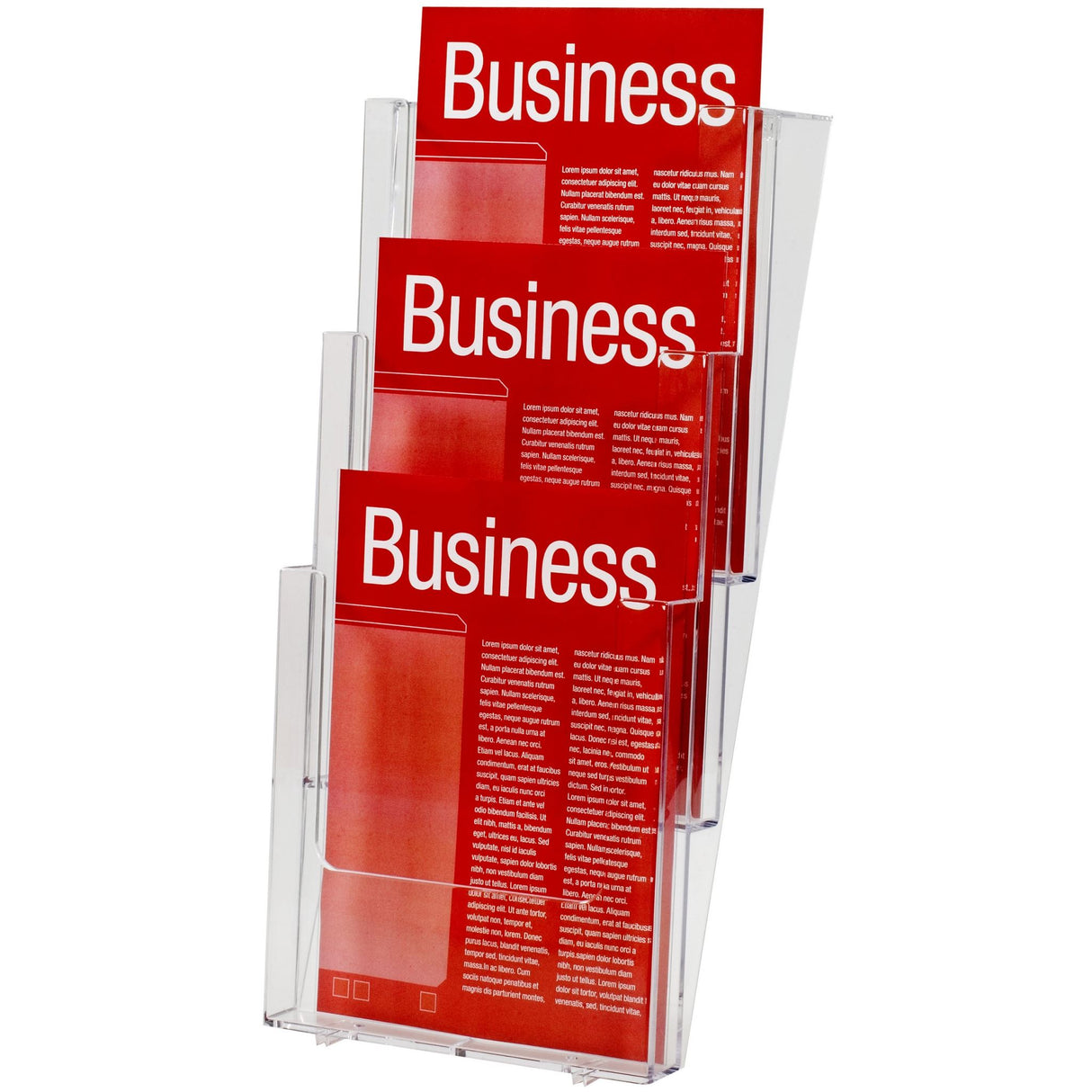 Wall-mounted Esselte A4 brochure holder with three tiers for organizing flyers and business cards in portrait format.