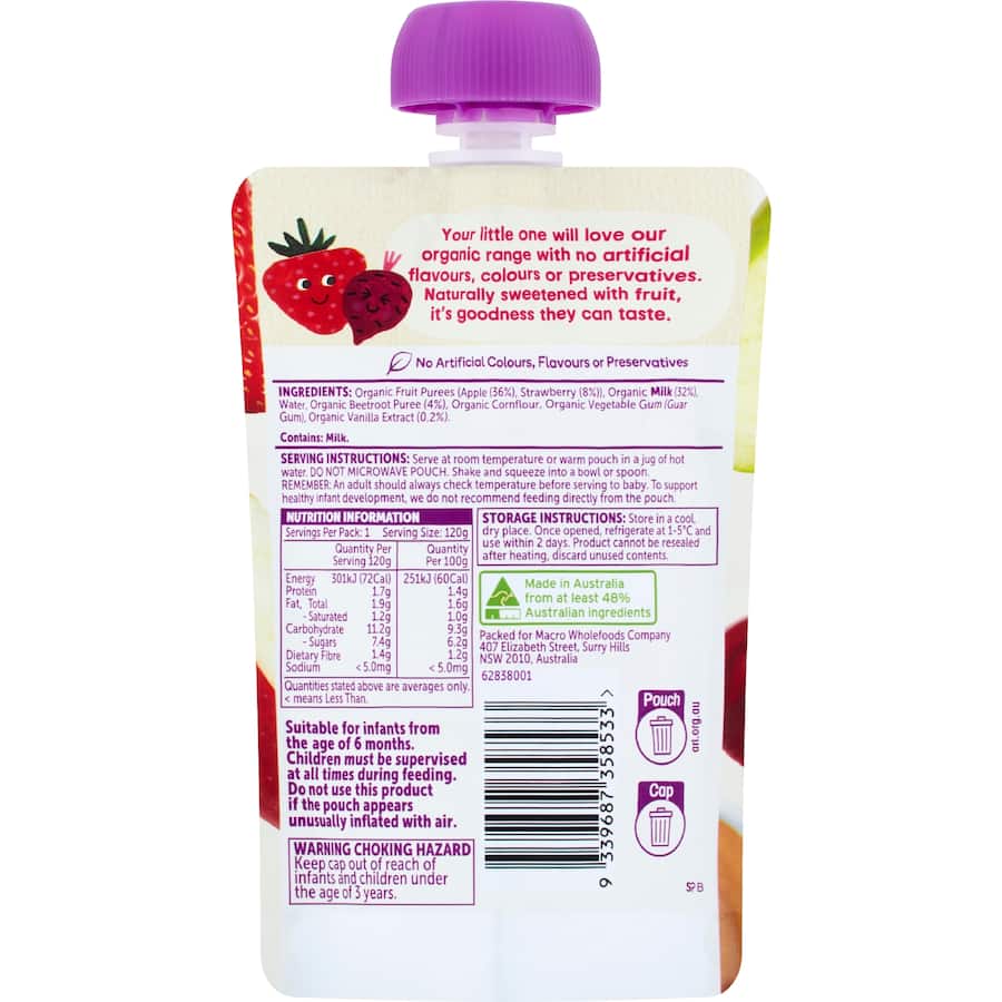Macro Organic Baby Food 6+ Months Apple, Strawberry & Beetroot 120g