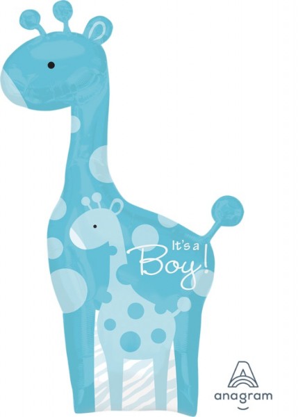 Self-sealing foil balloon in the shape of a giraffe, 64cm x 107cm, perfect for baby showers and safari-themed parties.