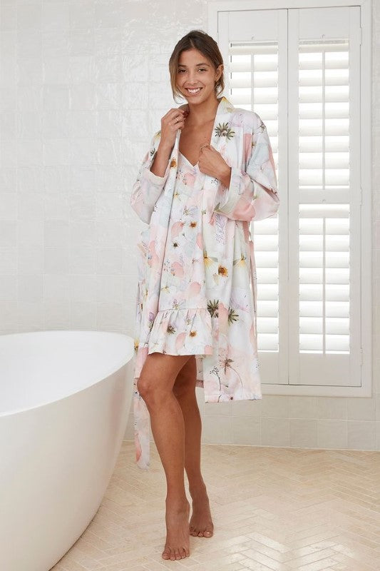 Blush pink satin kimono robe with pressed flower design, two pockets, waist tie, and OEKO-TEX certified. Size L/XL.