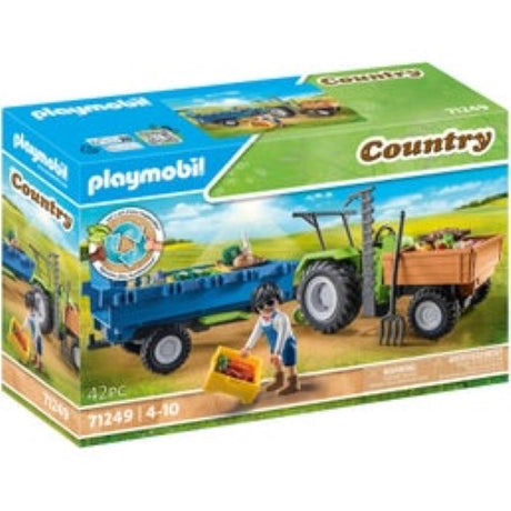 Playmobil tractor with trailer, featuring tipping cart, pitchfork, and made from 80% recycled materials, ideal for imaginative play.