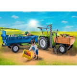 Playmobil Harvester Tractor with Trailer, featuring a tipping cart, pitchfork, and made from 80% recycled materials for kids 4+.