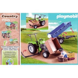 Playmobil Harvester Tractor with Trailer, featuring a farmer, transport cart, pitchfork, and eco-friendly materials.