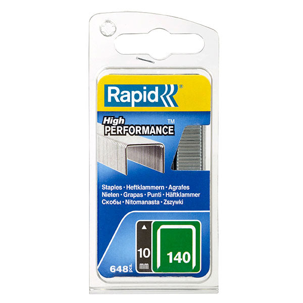 Premium Rapid Staples 140/10mm in a box of 650, designed for durable and reliable fastening of various materials.