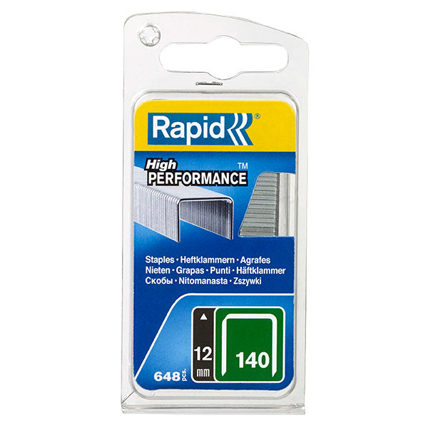 Galvanized Rapid Staples 140/12mm for versatile fastening, featuring precision cut legs and a larger holding area; 650 staples per box.