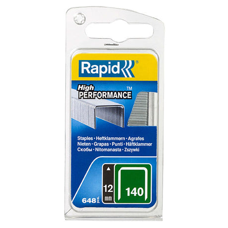 Galvanized Rapid Staples 140/12mm for versatile fastening, featuring precision cut legs and a larger holding area; 650 staples per box.