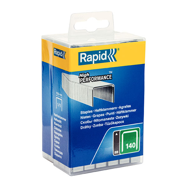 Box of 5,000 Rapid 140/10mm galvanized staples, ideal for insulation, plastics, and lightweight cardboard applications.