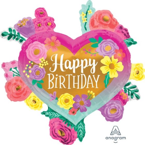 Vibrant SuperShape balloon with hand-painted flowers, perfect for unforgettable birthday celebrations for all ages.