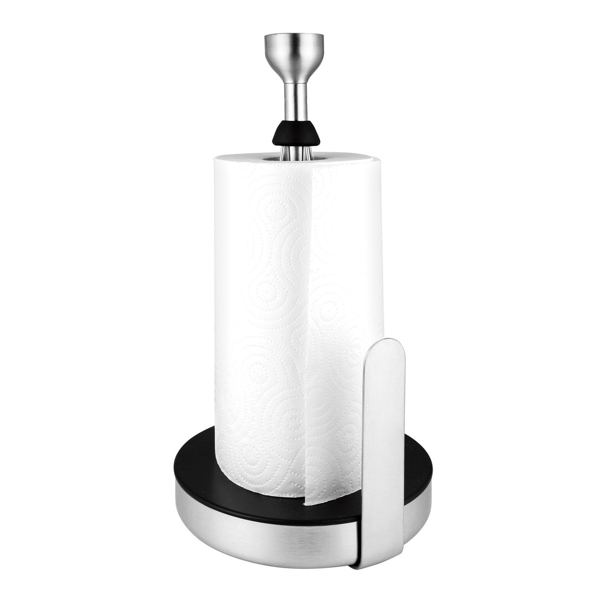 Stainless steel paper towel holder with weighted base for easy one-handed tear and no unraveling. Holds standard and oversized rolls.