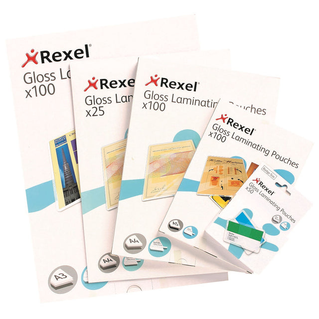 Rexel A4 laminating pouches, 75 microns, pack of 100, provide glossy, durable protection for important documents and photos.