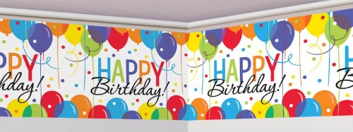 Vibrant 40-foot plastic banner roll featuring colorful balloon designs, perfect for decorating any celebration or event.