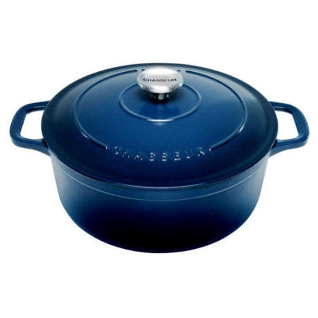 Chasseur Round French Oven in Liquorice Blue, handcrafted cast iron for even cooking and heat retention, perfect for gourmet meals.