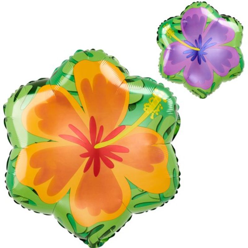 XL summer orange and purple hibiscus foil balloon, 45cm, self-sealing, two-sided design.