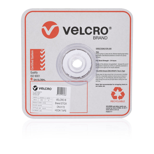 White VELCRO® Brand Hook Fasteners Strip, 25mm x 25m, for easy mounting and organization on smooth surfaces.