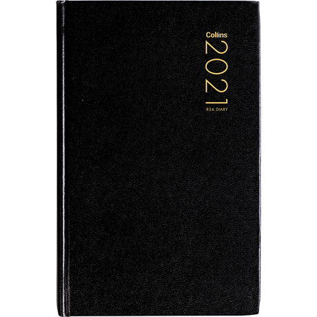 Sleek black Collins Diary 83a with week-per-opening layout, hour slots, ribbon marker, and durable hard cover.