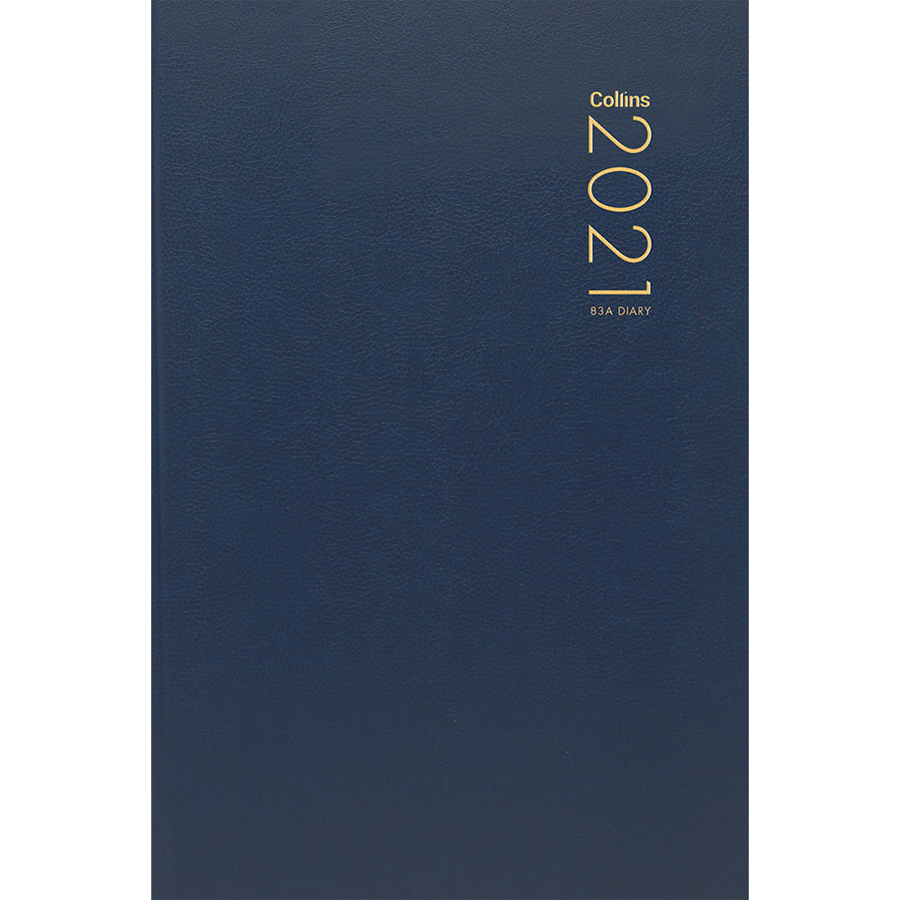 Collins Diary 83a Navy Odd Year with durable navy cover, week-per-opening layout, and ribbon marker for easy organization.