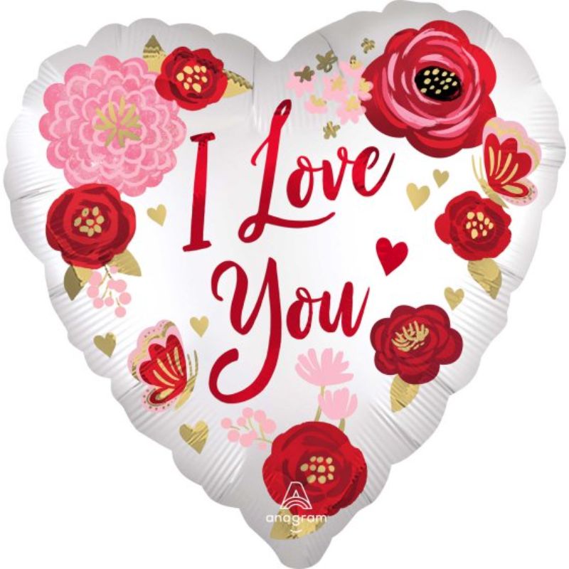 45cm XL 'I Love You' Satin Flowers Balloon, elegant floral design, perfect for romantic celebrations and special occasions.