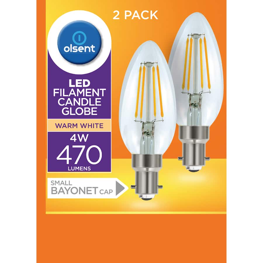 Olsent Bayonet Candle Bulb Led 4w 470 Lumen Warm White 2pack