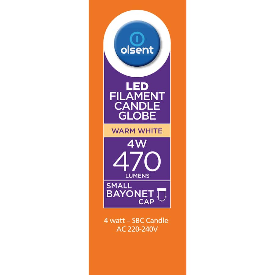 Olsent Bayonet Candle Bulb Led 4w 470 Lumen Warm White 2pack