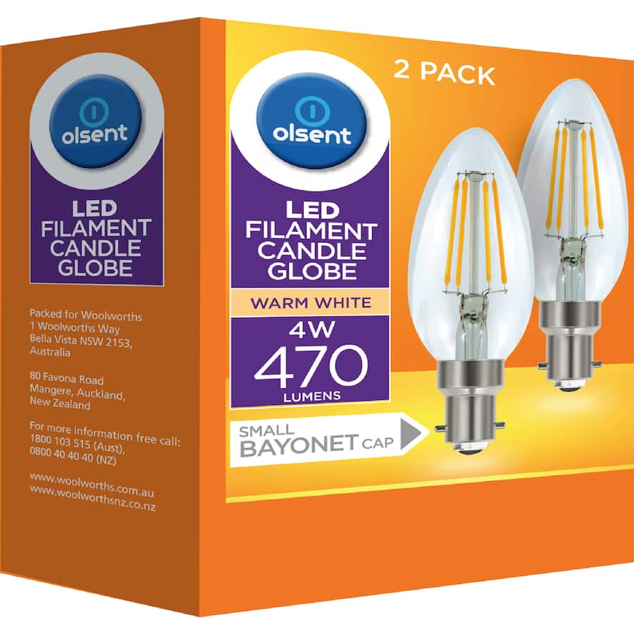 Olsent Bayonet Candle Bulb Led 4w 470 Lumen Warm White 2pack