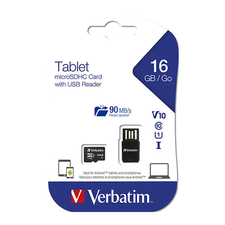 Verbatim 16GB micro SDHC card with USB reader, ideal for capturing 1080p HD videos and seamless file transfers.