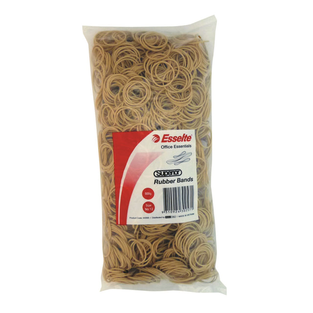 Esselte Superior Size 10 Rubberbands in natural color, 500g bag, ideal for bundling documents and organizing supplies.