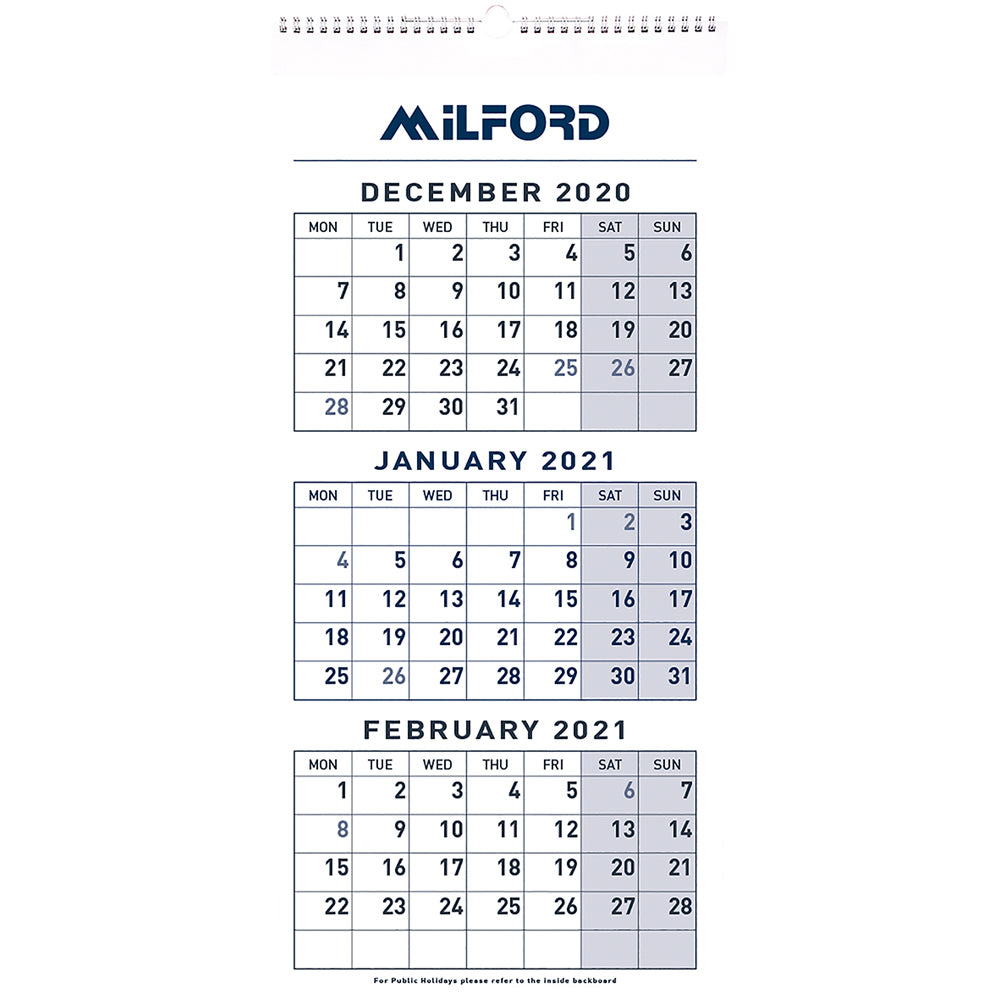 Milford Calendar FSC Mix 70% Three Month To View Wiro Odd Year