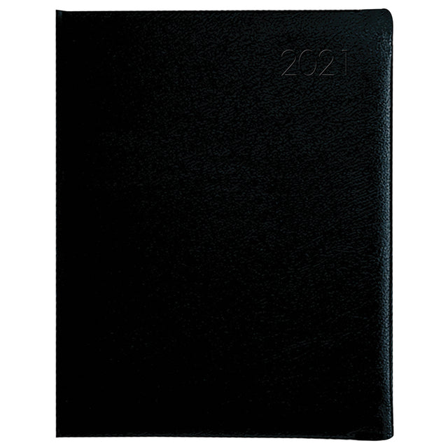 Elegant black business diary with day-per-page layout, 1-hour slots, twin ribbon markers, and sustainable materials.