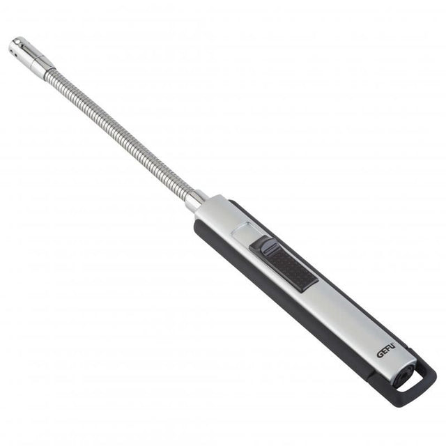 Long handle lighter with flexible metal flame pipe, adjustable flame, and electronic ignition for hard-to-reach areas.