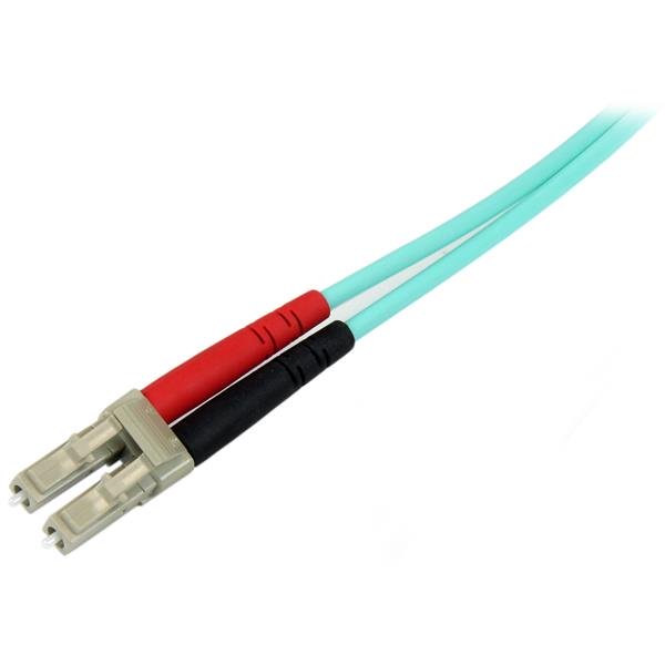 Aqua OM4 duplex multimode fiber optic cable for 100 Gb data transfer, featuring LSZH jacket for safety in various settings.