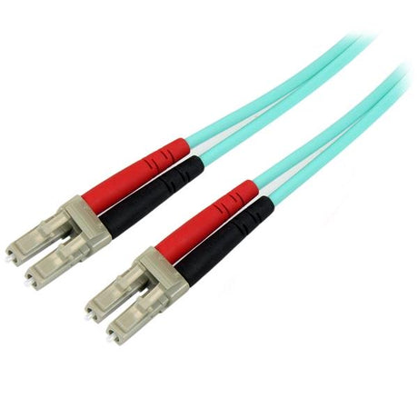 1m Aqua OM4 Duplex Multimode Fiber Optic Cable for high-speed 100 Gb data transfer, LSZH jacket for safety compliance.