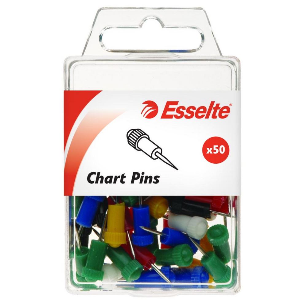 Assorted pack of 50 Esselte chart pins, 8mm head, 22mm long, perfect for tacking posters and organizing documents.