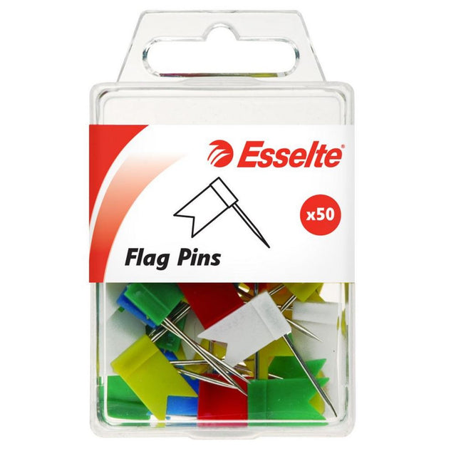 Assorted pack of 50 Esselte flag pins, ideal for pinning and highlighting important information in vibrant colors.