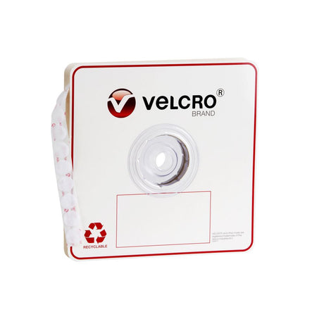 White Velcro brand loop fasteners, 22mm, 900 dots for easy mounting and organizing on smooth surfaces without damage.