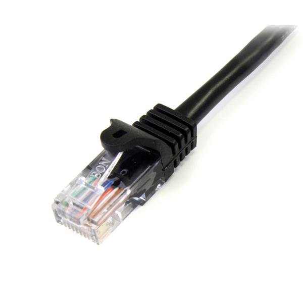 Cat5e patch cable with 3m length, snagless RJ45 connectors, black PVC jacket for reliable network connectivity.