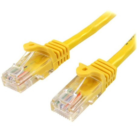 Bright yellow 2m Cat5e patch cable with snagless RJ45 connectors for high-speed Ethernet and optimal network performance.