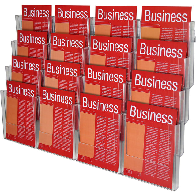 A wall-mounted A4 brochure holder with four tiers, designed for displaying flyers and promotional materials in an organized manner.