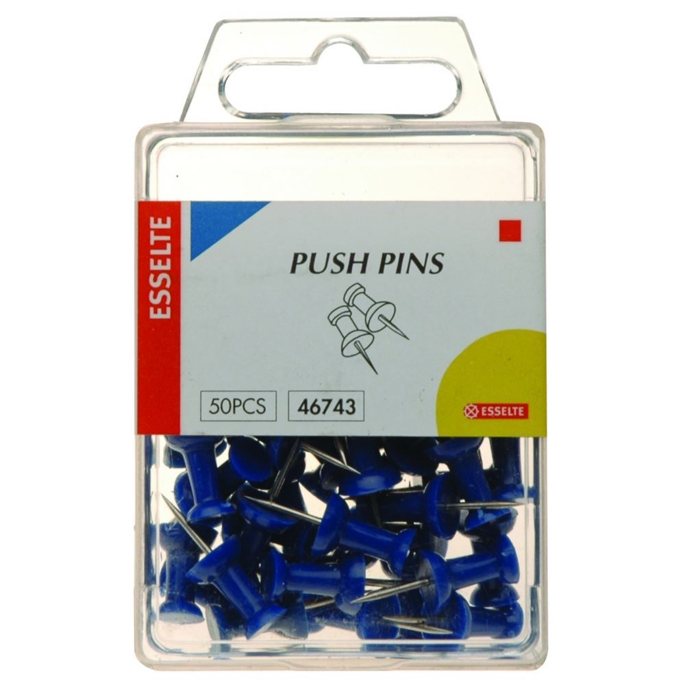 Blue Esselte push pins in a pack of 50, perfect for organizing and displaying materials without damage.