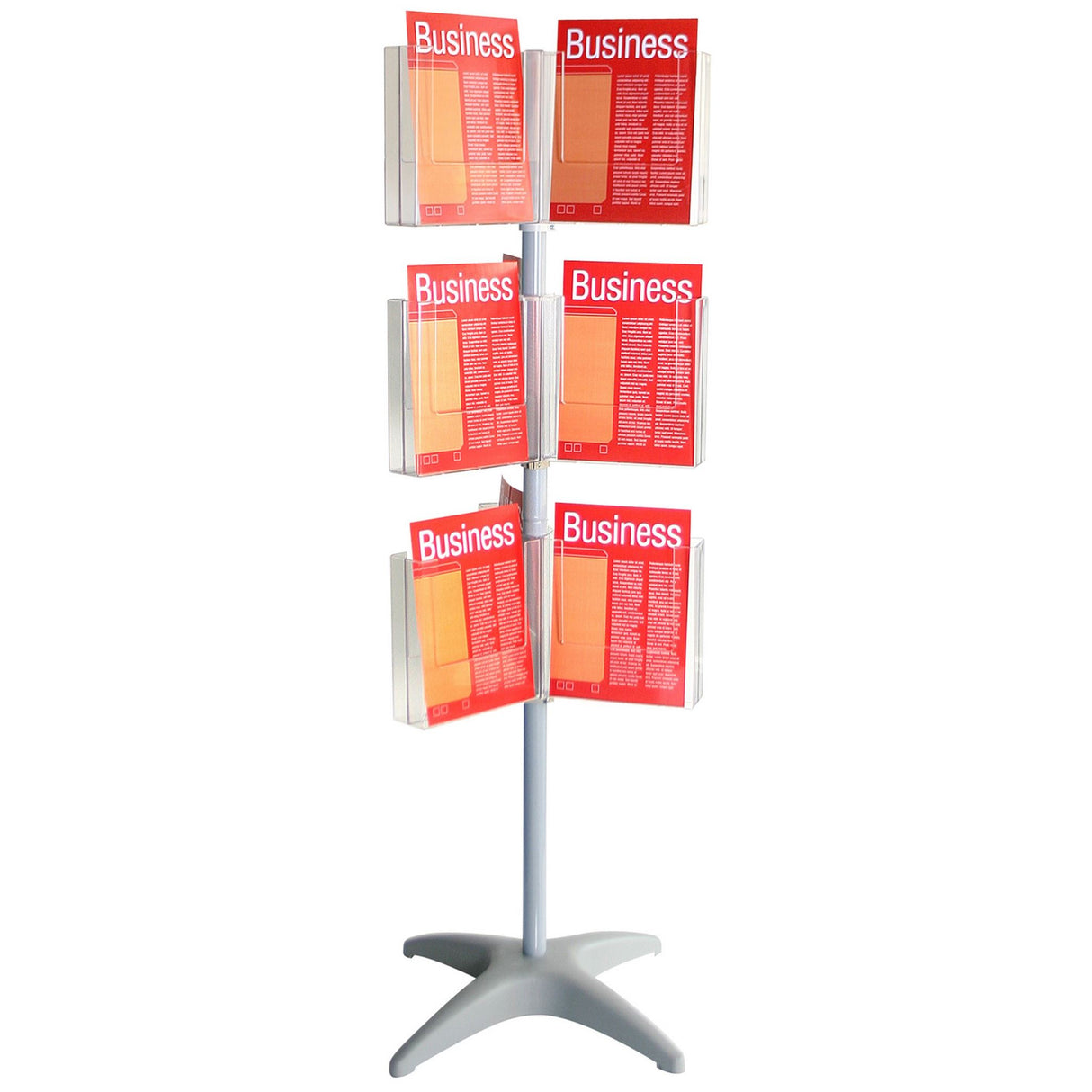 Esselte Brochure Holder Floor Carousel featuring 3 rotating levels with 18 A4 compartments for organized marketing display.