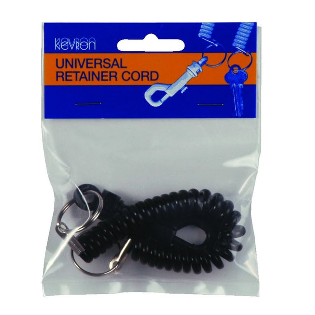 Durable black coil retainer cord with hook for securely organizing keys, passes, and tags, extending up to 240mm.