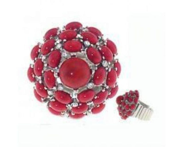 Antique silver ring featuring a deep red coral effect, perfect for elevating your style with vintage elegance.