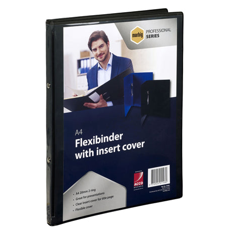 Esselte Flexibinder 2r A4 in black, featuring a durable cover, holds up to 120 sheets with a clear front for title displays.