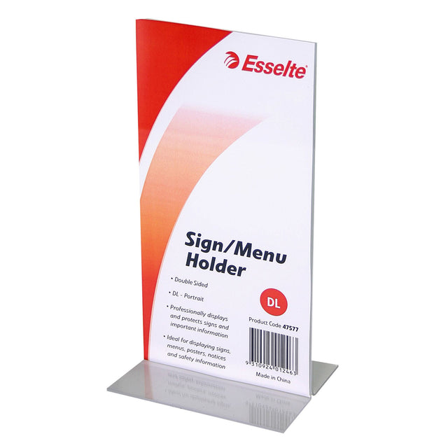 Double-sided clear display holder, ideal for menus and information, with a portrait DL format, 1.5mm thick.