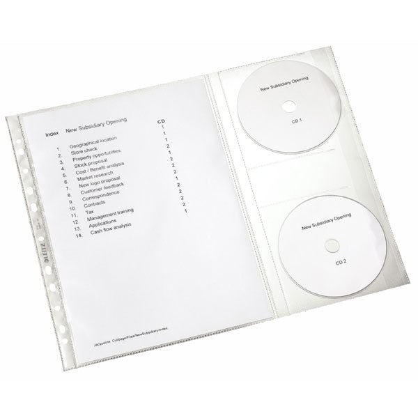 Durable clear pockets for storing CDs and documents, designed for easy organization in binders with top access.