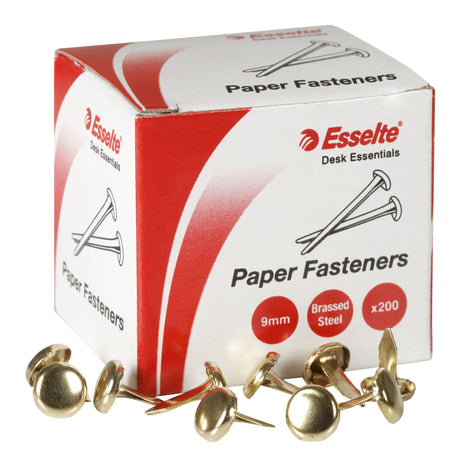 Brass-plated steel paper fasteners, 9mm, box of 200, feature round heads and sharp points for secure document organization.