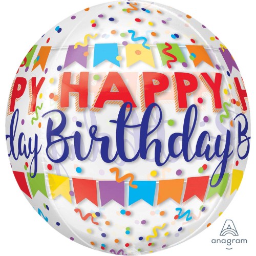 Clear Orbz XL balloon with "Happy Birthday" and colorful confetti, perfect for festive party decor.